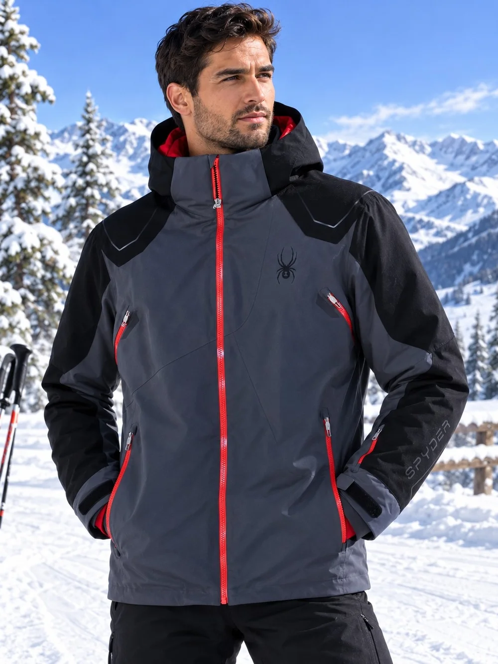 Spyder Men's Gray and Black Ski Jacket with Red Accents